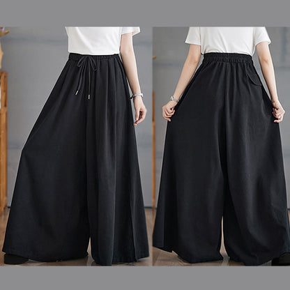 Buddha Stones Retro Leg Opening Slit Design Cotton Women's Wide Leg Pants With Pockets