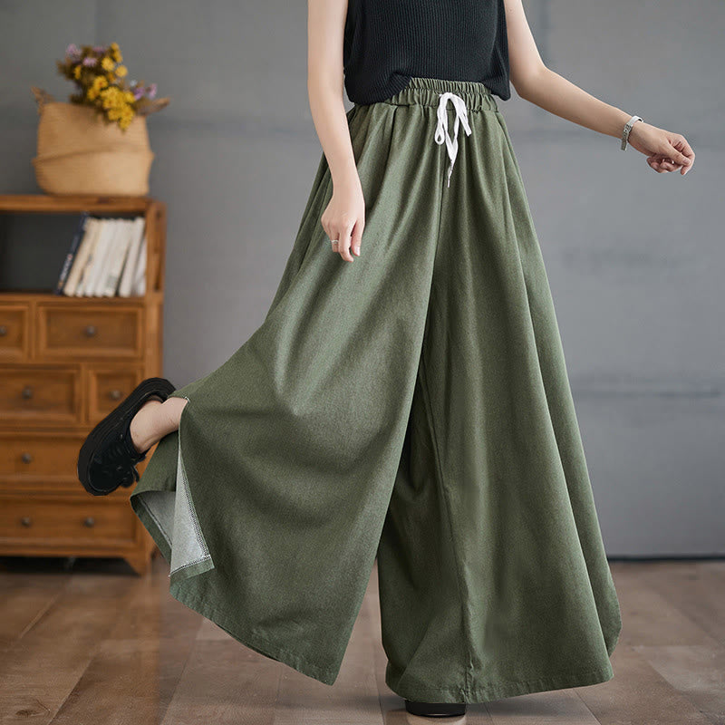 Buddha Stones Retro Leg Opening Slit Design Cotton Women's Wide Leg Pants With Pockets