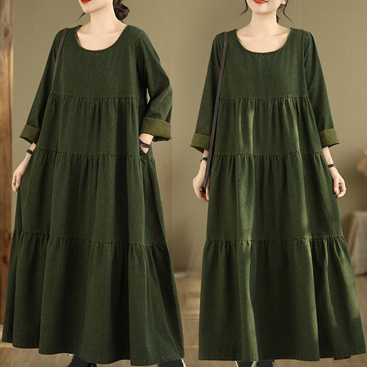Buddha Stones DarkOliveGreen Patchwork Long Sleeve Design Cotton Women's Maxi Dress With Pockets