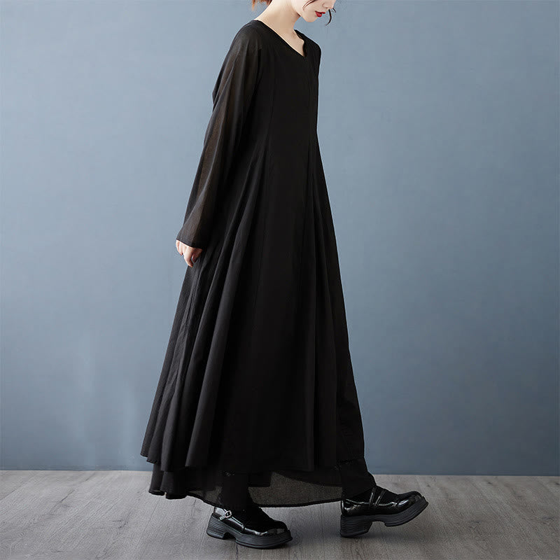 Buddha Stones Spring Double Layer Design Cotton Long Sleeve Women's Midi Dress