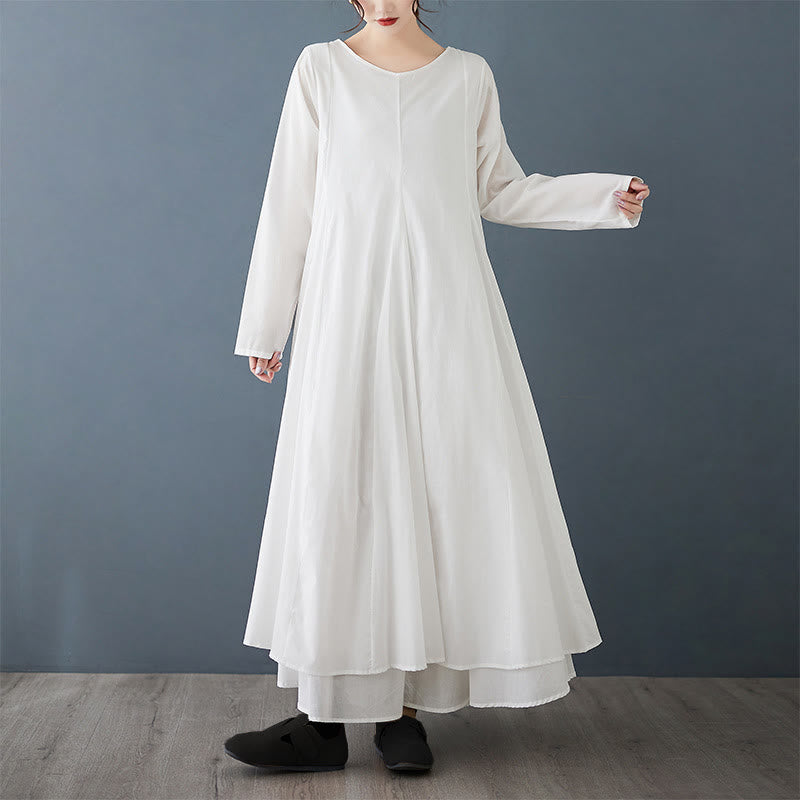 Buddha Stones Spring Double Layer Design Cotton Long Sleeve Women's Midi Dress