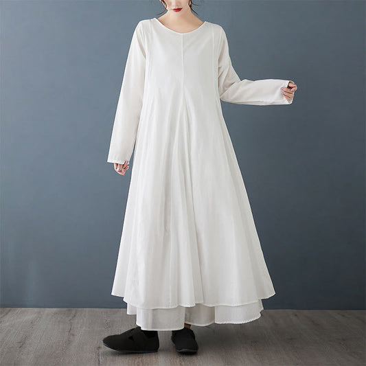 Buddha Stones Spring Double Layer Design Cotton Long Sleeve Women's Midi Dress