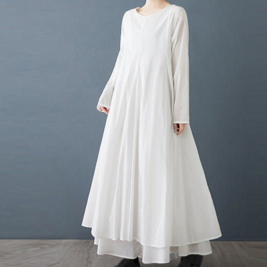 Buddha Stones Spring Double Layer Design Cotton Long Sleeve Women's Midi Dress