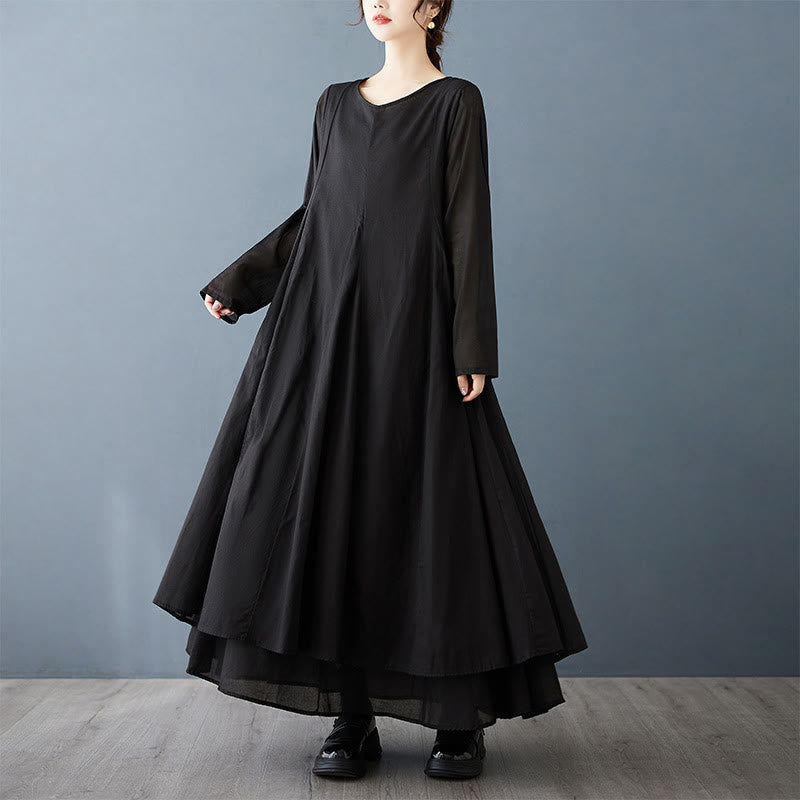 Buddha Stones Spring Double Layer Design Cotton Long Sleeve Women's Midi Dress