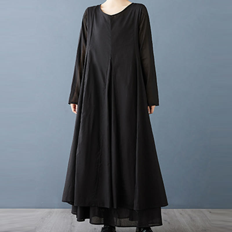 Buddha Stones Spring Double Layer Design Cotton Long Sleeve Women's Midi Dress