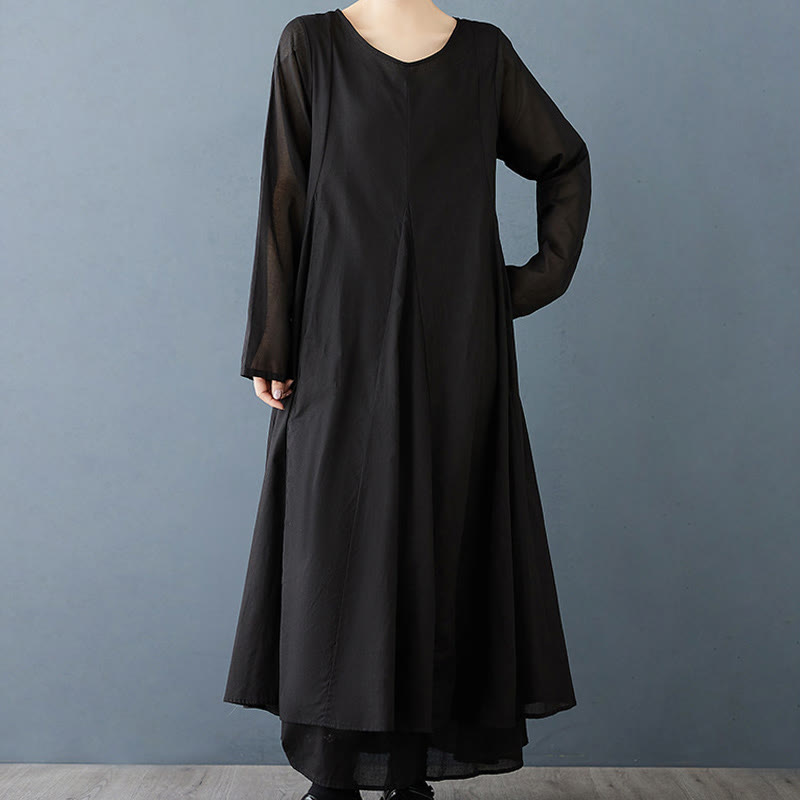 Buddha Stones Spring Double Layer Design Cotton Long Sleeve Women's Midi Dress