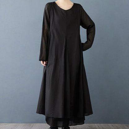 Buddha Stones Spring Double Layer Design Cotton Long Sleeve Women's Midi Dress