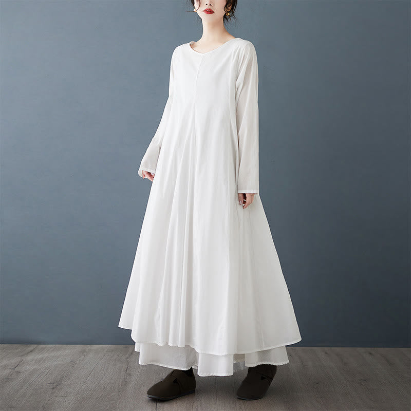 Buddha Stones Spring Double Layer Design Cotton Long Sleeve Women's Midi Dress