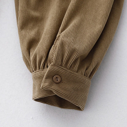 Buddha Stones Tan Solid Color Cotton Linen Corduroy Puff Long Sleeve Midi Dress