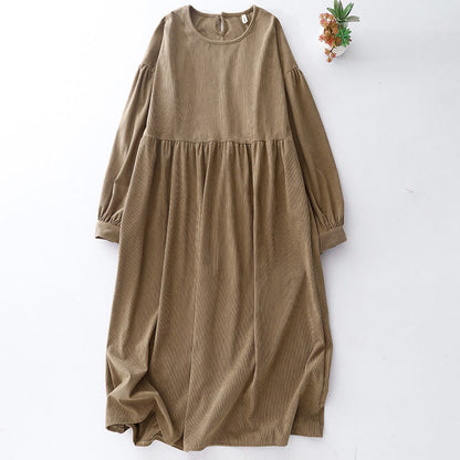 Buddha Stones Tan Solid Color Cotton Linen Corduroy Puff Long Sleeve Midi Dress