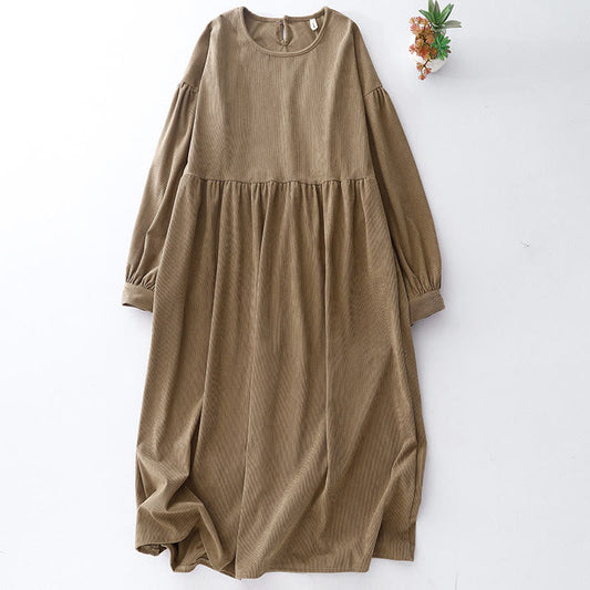 Buddha Stones Tan Solid Color Cotton Linen Corduroy Puff Long Sleeve Midi Dress