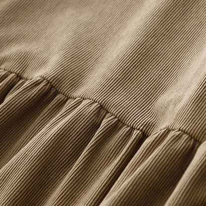 Buddha Stones Tan Solid Color Cotton Linen Corduroy Puff Long Sleeve Midi Dress