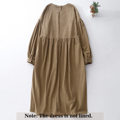 Buddha Stones Tan Solid Color Cotton Linen Corduroy Puff Long Sleeve Midi Dress
