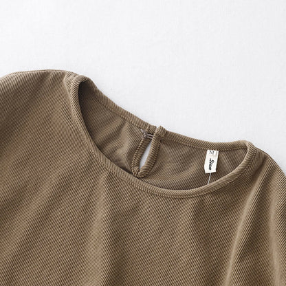 Buddha Stones Tan Solid Color Cotton Linen Corduroy Puff Long Sleeve Midi Dress