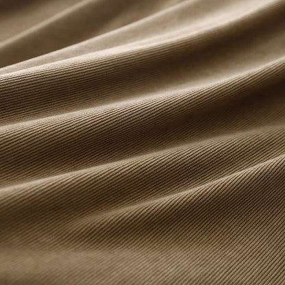 Buddha Stones Tan Solid Color Cotton Linen Corduroy Puff Long Sleeve Midi Dress