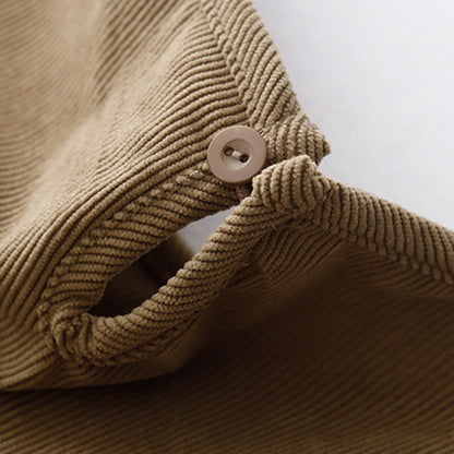 Buddha Stones Tan Solid Color Cotton Linen Corduroy Puff Long Sleeve Midi Dress