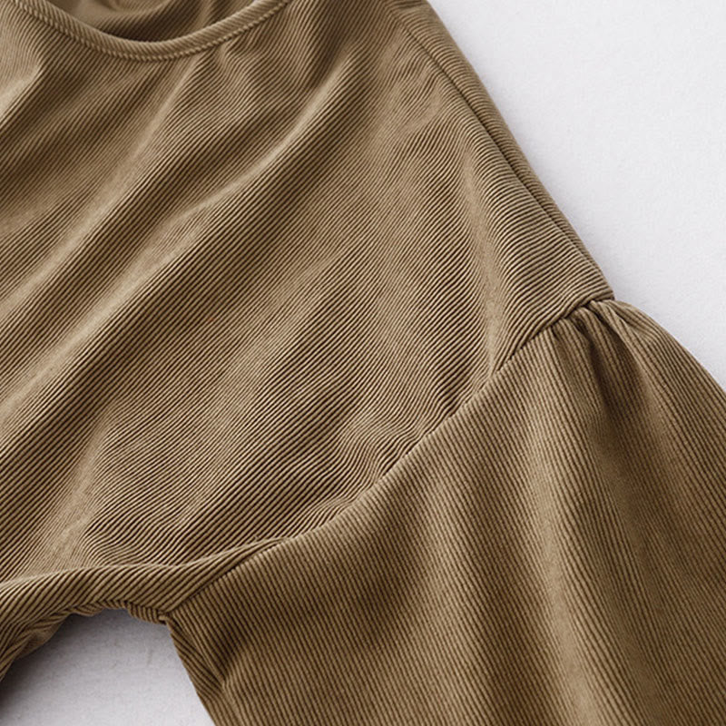 Buddha Stones Tan Solid Color Cotton Linen Corduroy Puff Long Sleeve Midi Dress