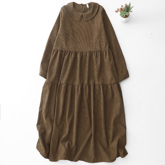 Buddha Stones Button Design Cotton Corduroy Peter Pan Collar Long Sleeve Midi Dress With Pockets