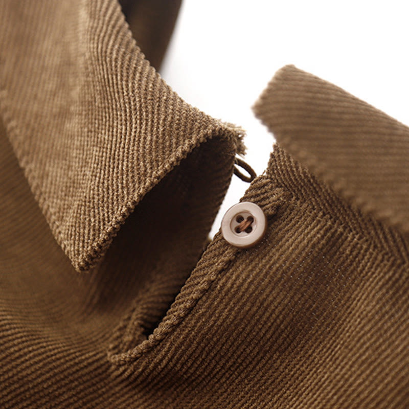 Buddha Stones Button Design Cotton Corduroy Peter Pan Collar Long Sleeve Midi Dress With Pockets