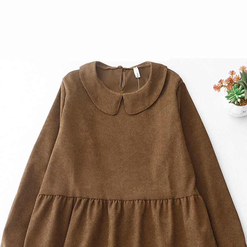 Buddha Stones Button Design Cotton Corduroy Peter Pan Collar Long Sleeve Midi Dress With Pockets