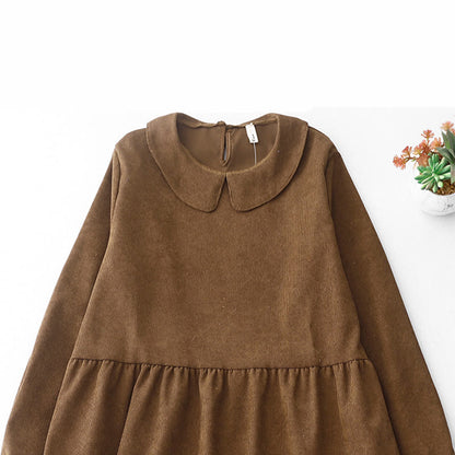 Buddha Stones Button Design Cotton Corduroy Peter Pan Collar Long Sleeve Midi Dress With Pockets