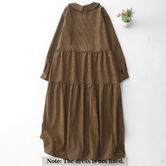 Buddha Stones Button Design Cotton Corduroy Peter Pan Collar Long Sleeve Midi Dress With Pockets
