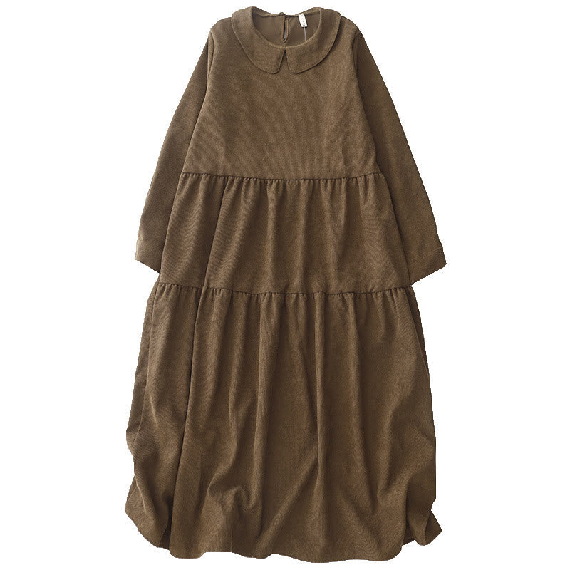 Buddha Stones Button Design Cotton Corduroy Peter Pan Collar Long Sleeve Midi Dress With Pockets