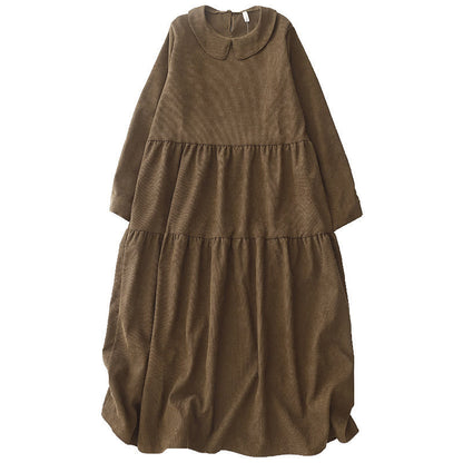 Buddha Stones Button Design Cotton Corduroy Peter Pan Collar Long Sleeve Midi Dress With Pockets