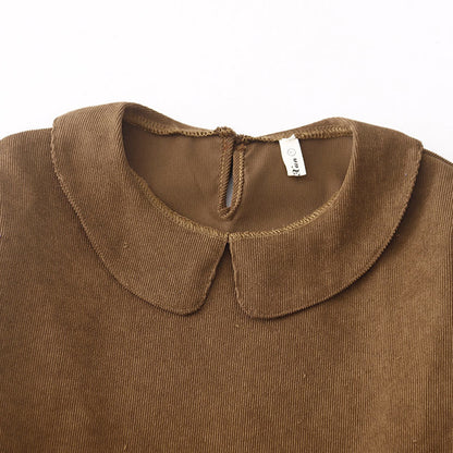 Buddha Stones Button Design Cotton Corduroy Peter Pan Collar Long Sleeve Midi Dress With Pockets
