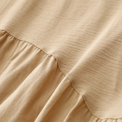 Buddha Stones Spring Plain Lapel Long Sleeve Cotton Linen Midi Dress With Pockets