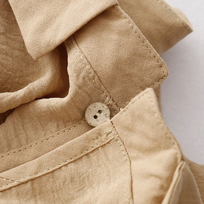 Buddha Stones Spring Plain Lapel Long Sleeve Cotton Linen Midi Dress With Pockets