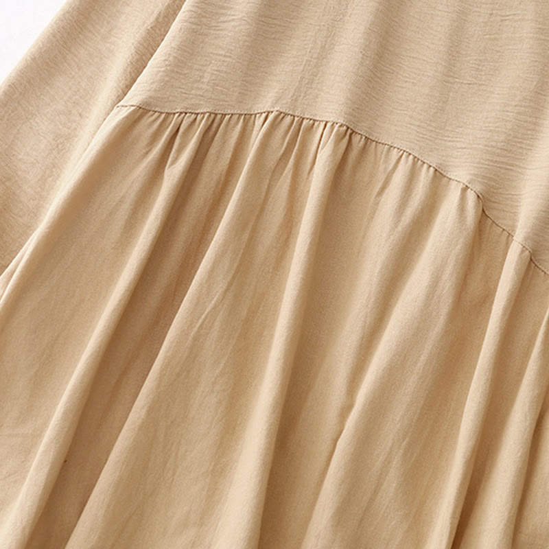 Buddha Stones Spring Plain Lapel Long Sleeve Cotton Linen Midi Dress With Pockets