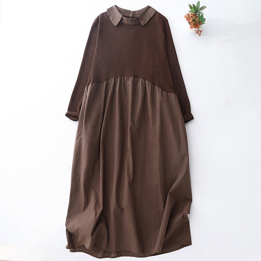 Buddha Stones Spring Plain Lapel Long Sleeve Cotton Linen Midi Dress With Pockets