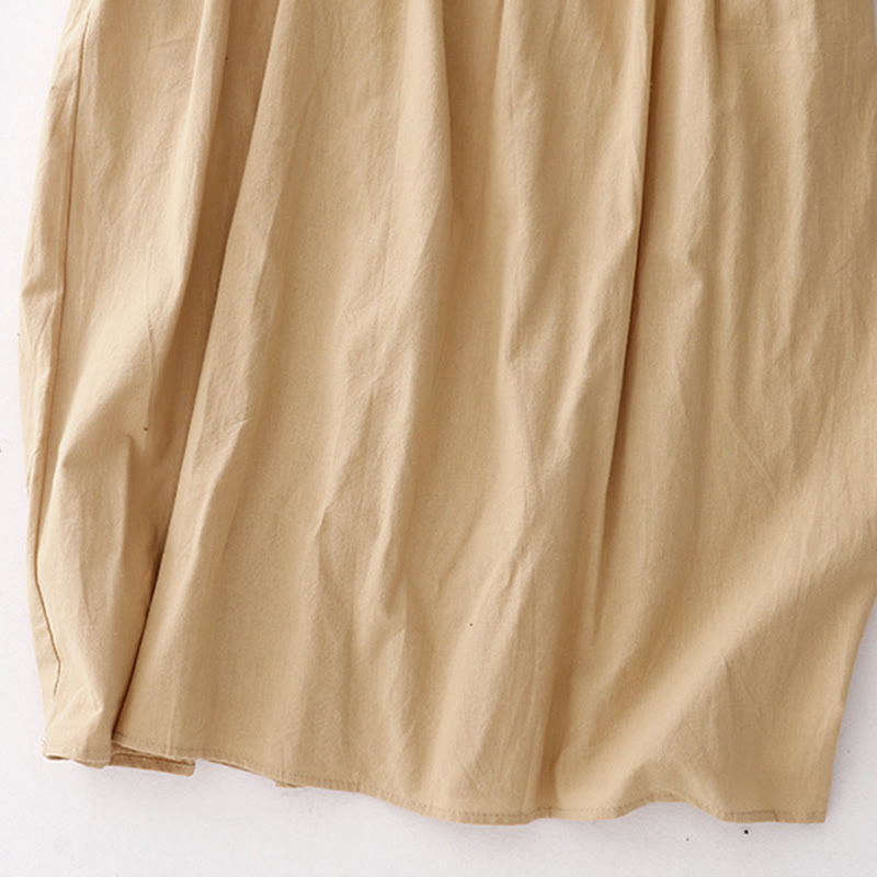 Buddha Stones Spring Plain Lapel Long Sleeve Cotton Linen Midi Dress With Pockets