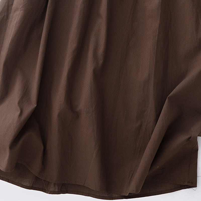 Buddha Stones Spring Plain Lapel Long Sleeve Cotton Linen Midi Dress With Pockets