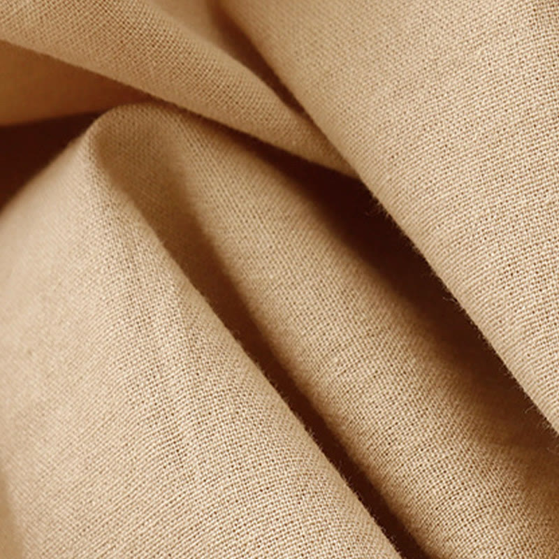 Buddha Stones Spring Plain Lapel Long Sleeve Cotton Linen Midi Dress With Pockets