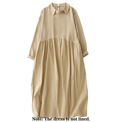 Buddha Stones Spring Plain Lapel Long Sleeve Cotton Linen Midi Dress With Pockets