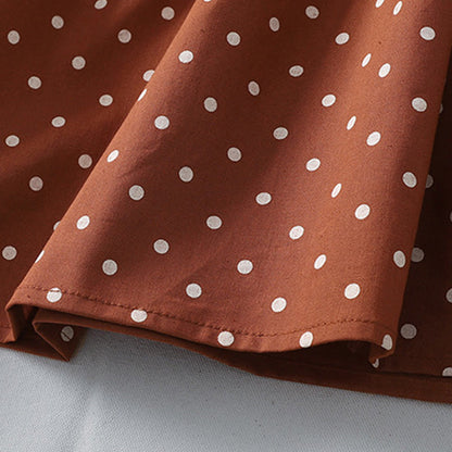 Buddha Stones Spring Dot Pattern Ruffle Crew Neck Long Sleeve Cotton Linen Midi Dress With Pockets