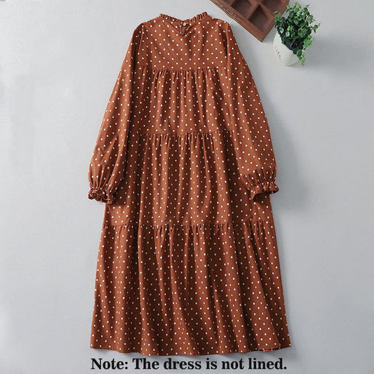 Buddha Stones Spring Dot Pattern Ruffle Crew Neck Long Sleeve Cotton Linen Midi Dress With Pockets