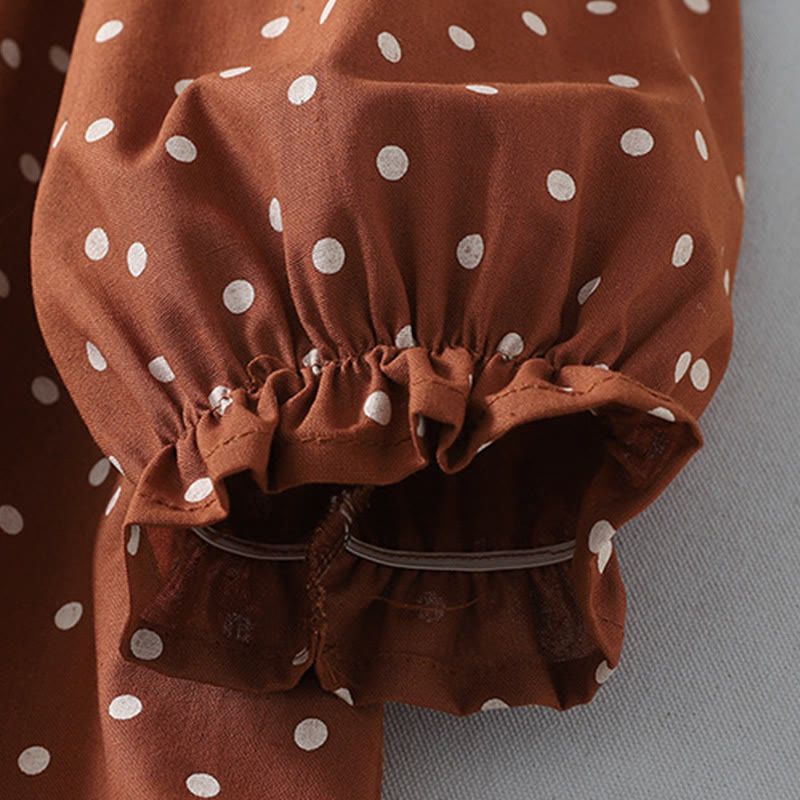 Buddha Stones Spring Dot Pattern Ruffle Crew Neck Long Sleeve Cotton Linen Midi Dress With Pockets
