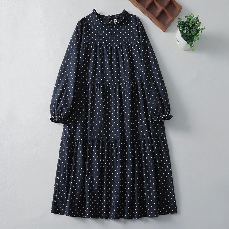 Buddha Stones Spring Dot Pattern Ruffle Crew Neck Long Sleeve Cotton Linen Midi Dress With Pockets