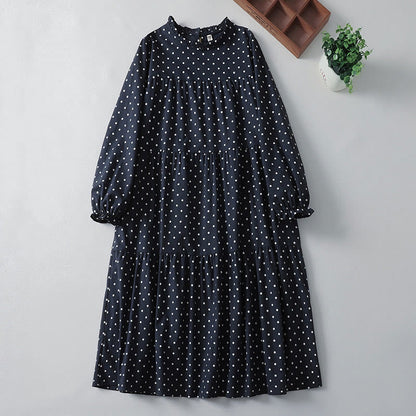 Buddha Stones Spring Dot Pattern Ruffle Crew Neck Long Sleeve Cotton Linen Midi Dress With Pockets