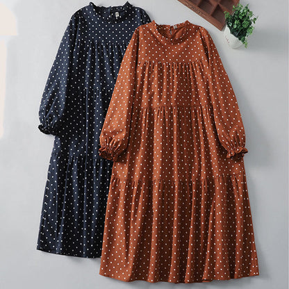 Buddha Stones Spring Dot Pattern Ruffle Crew Neck Long Sleeve Cotton Linen Midi Dress With Pockets