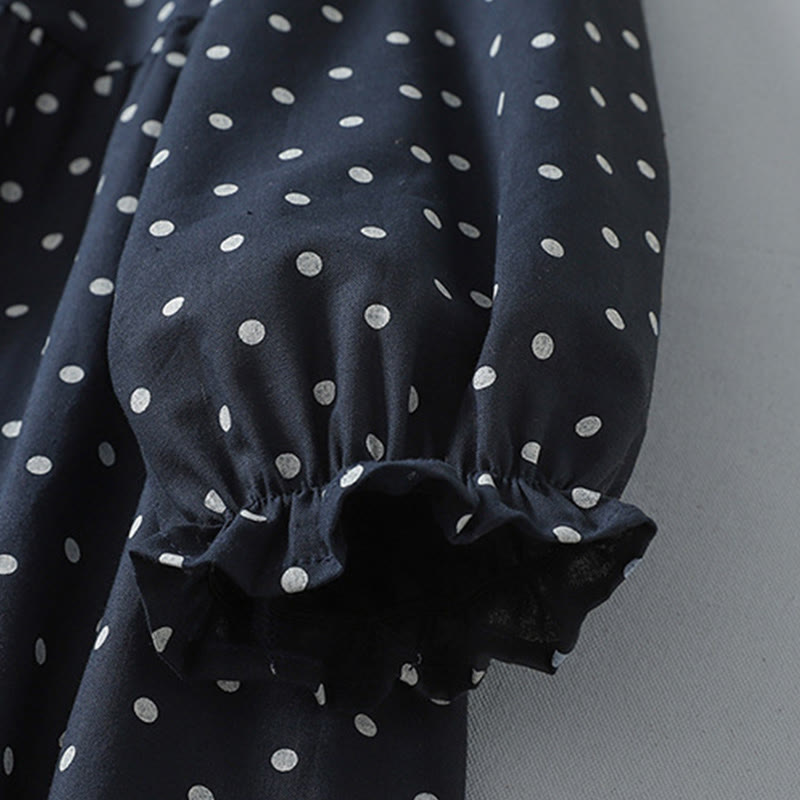 Buddha Stones Spring Dot Pattern Ruffle Crew Neck Long Sleeve Cotton Linen Midi Dress With Pockets