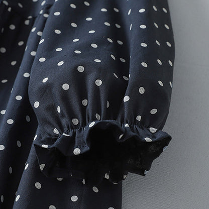 Buddha Stones Spring Dot Pattern Ruffle Crew Neck Long Sleeve Cotton Linen Midi Dress With Pockets