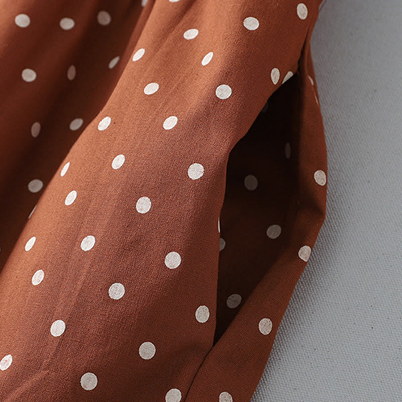 Buddha Stones Spring Dot Pattern Ruffle Crew Neck Long Sleeve Cotton Linen Midi Dress With Pockets