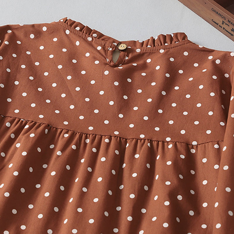 Buddha Stones Spring Dot Pattern Ruffle Crew Neck Long Sleeve Cotton Linen Midi Dress With Pockets