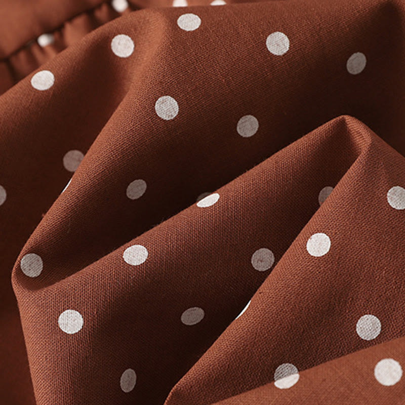 Buddha Stones Spring Dot Pattern Ruffle Crew Neck Long Sleeve Cotton Linen Midi Dress With Pockets