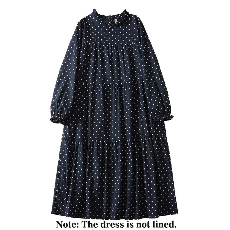 Buddha Stones Spring Dot Pattern Ruffle Crew Neck Long Sleeve Cotton Linen Midi Dress With Pockets