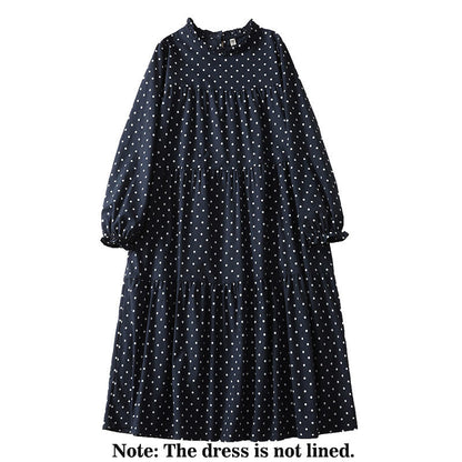 Buddha Stones Spring Dot Pattern Ruffle Crew Neck Long Sleeve Cotton Linen Midi Dress With Pockets